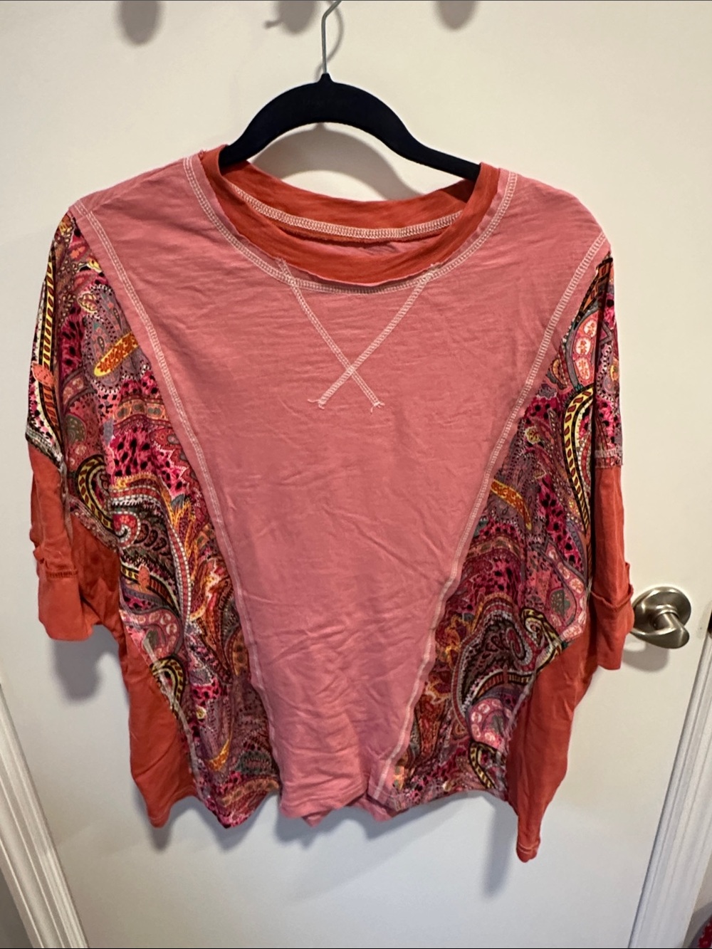 SHEIN Pink Paisley Panel Short Sleeve Tee with Coral Accents